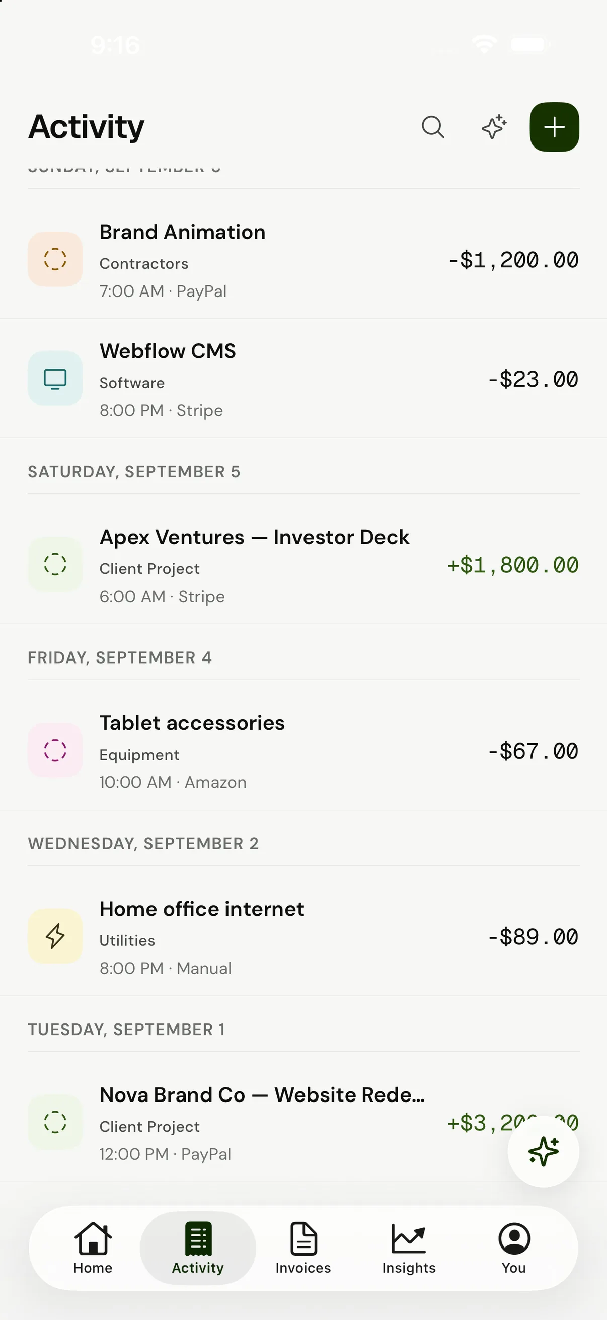 VRITTI Activity — every transaction, categorized day by day